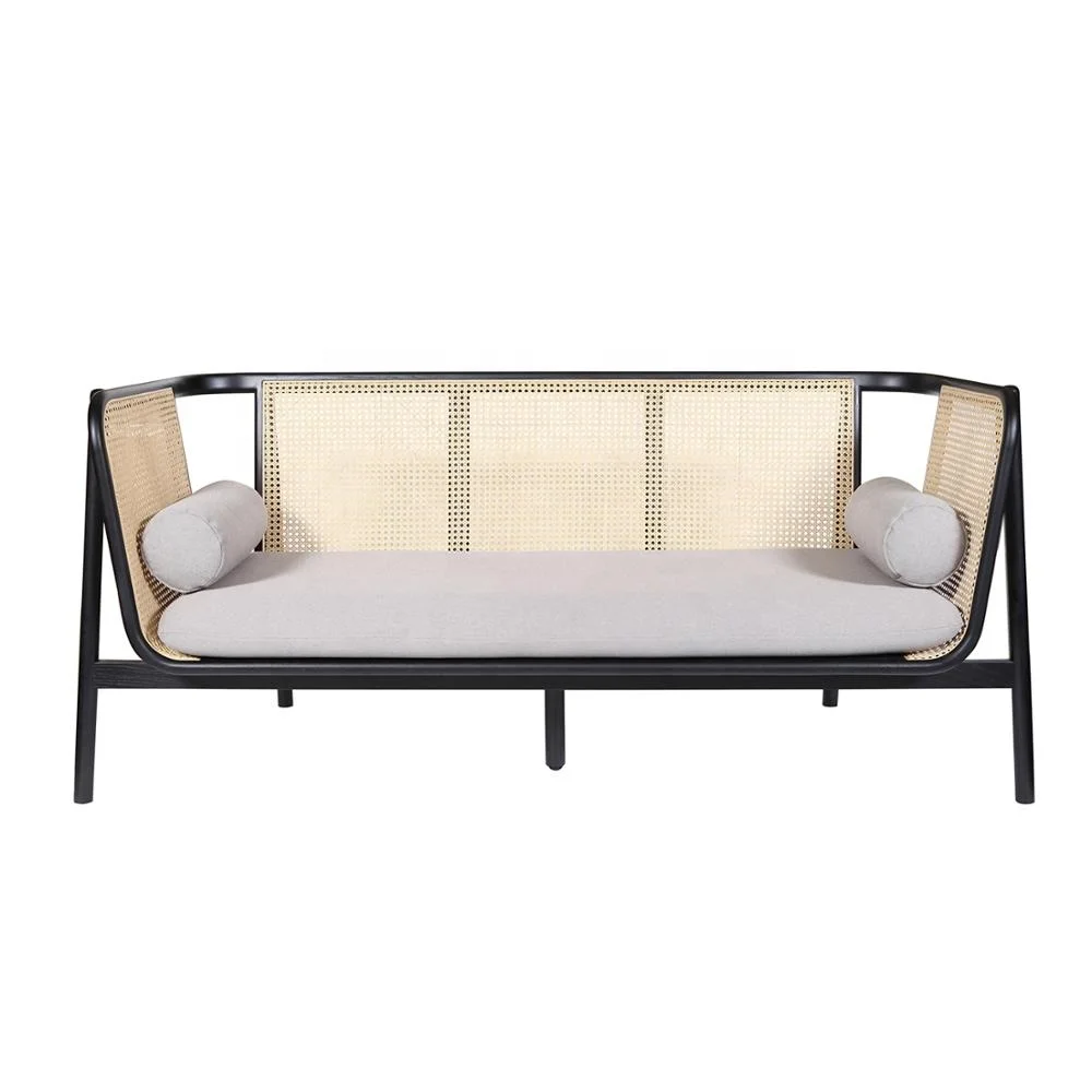 Contemporary Hamper Woven Rattan Cane Timber 3 Seat Sofa