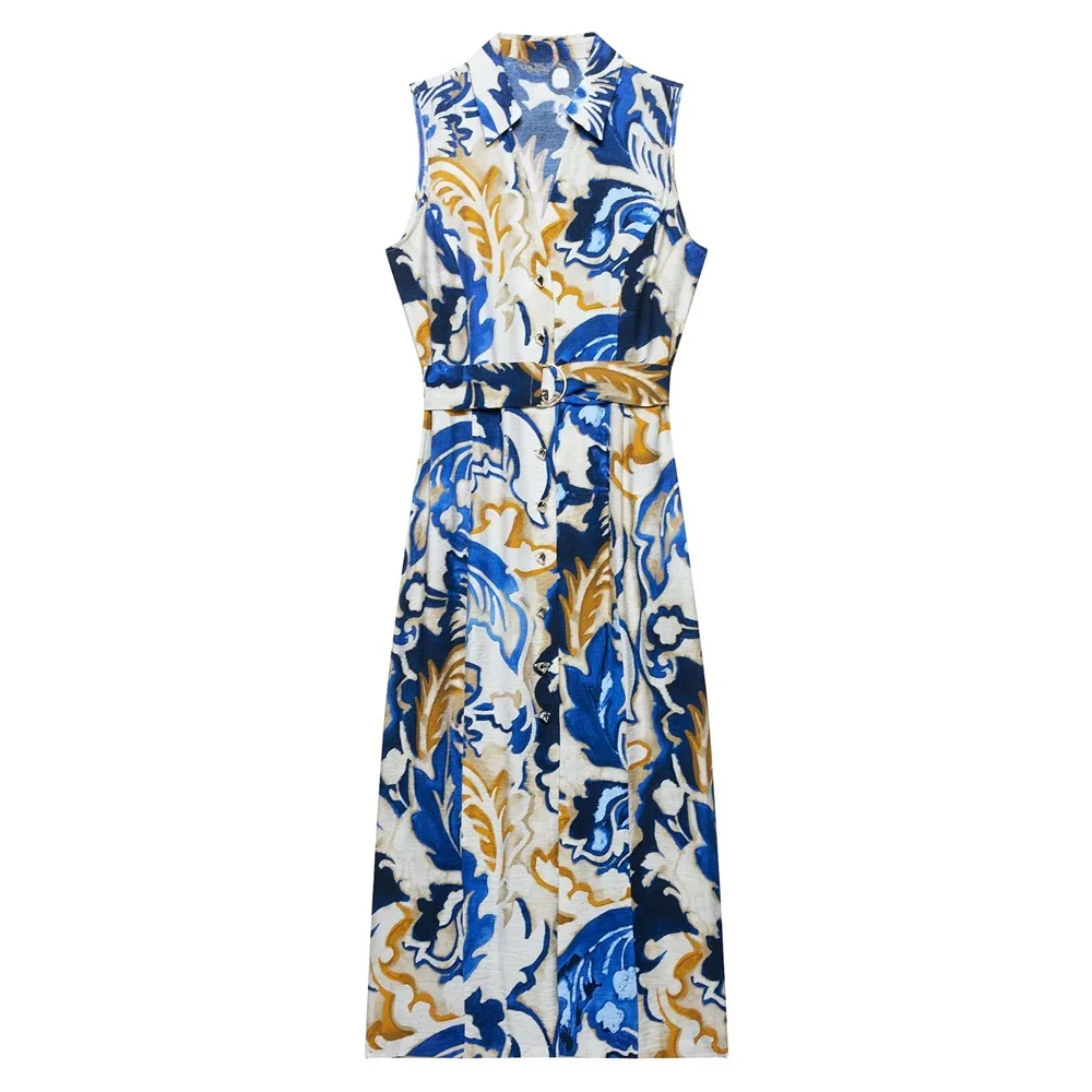 

BSK&TRAF2025women's printed sleeveless lapel slit belt design midi temperament dress long skirt summer new products