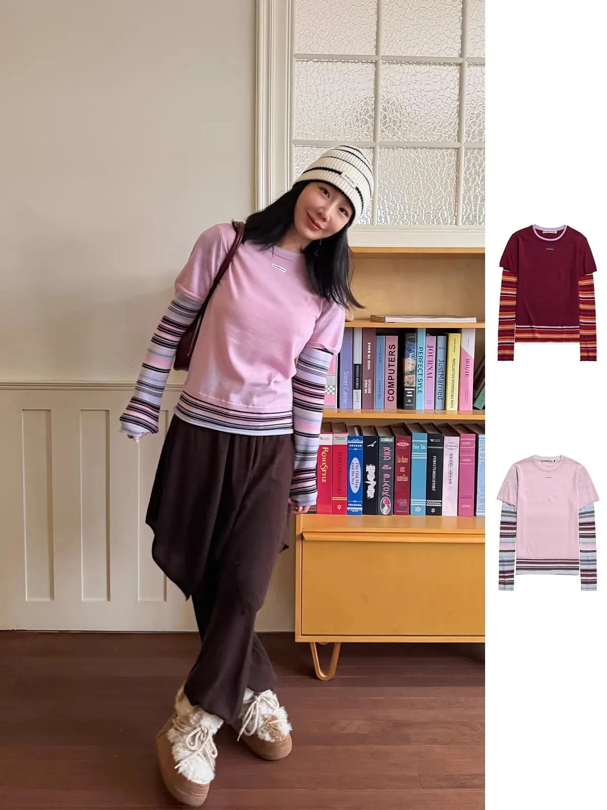 

Новая шерстяная футболка NO DIRECTION с длинным рукавом, повседневная, с имитацией двухслойности, круглым вырезом и полосатым узором для женщин