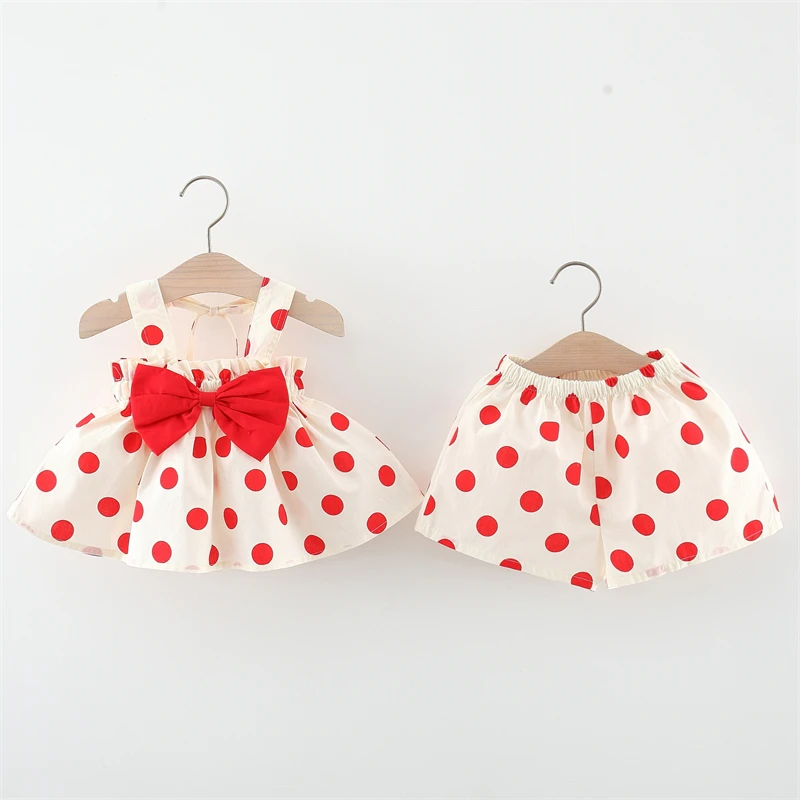 2Pcs/SetSummer Girls Set Korean Edition Children\'s Wear Simple Dot Print Bow Strap Top Short Sleeve Two Piece Set