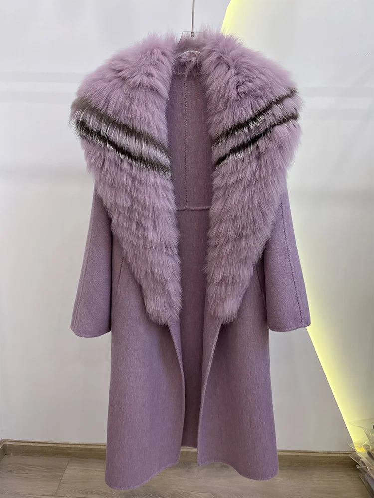 2025 mode hiver longue femmes laine cachemire mélangé manteau grand réel argent col de fourrure de renard veste de luxe avec ceinture vêtements d'extérieur