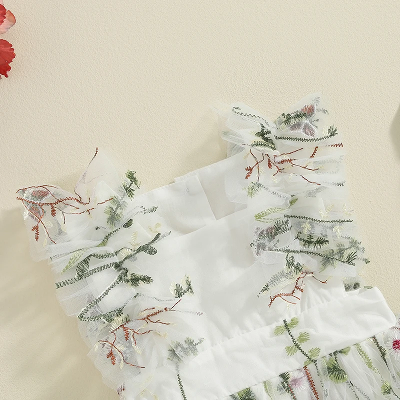 Baby Girl Romper Ruffle Sleeveless Square Neck Floral Embroidery Summer Tulle Dress Infant Girl Clothes