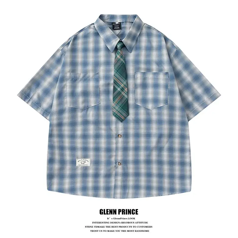 BEIANJI American trendy brand gradual change plaid tie short-sleeved shirt men's summer commuter leisure college style shirt