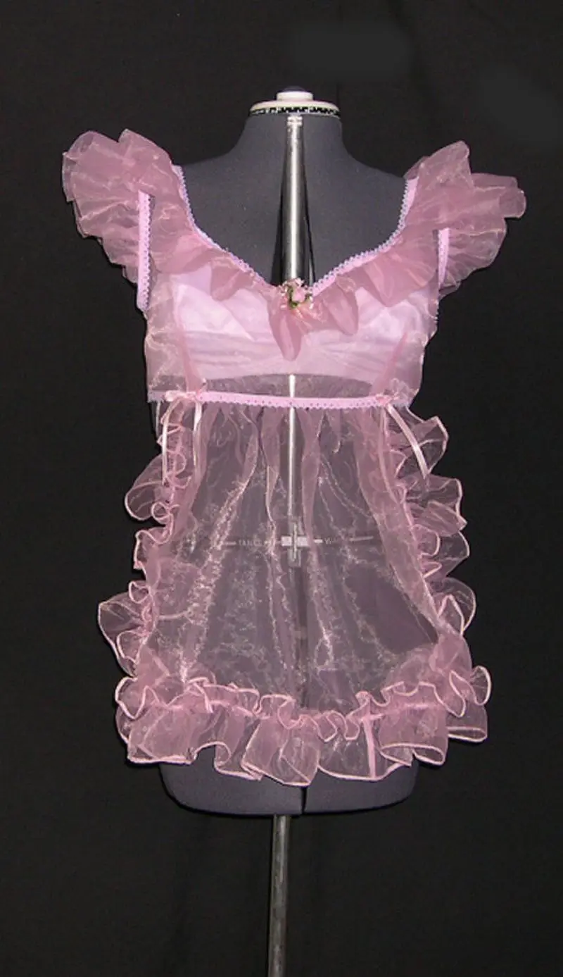 

Pink Organza Perspective Dressing Up as a Sissy Role-playing Back Strap Pleated Lace Off Shoulder Drawstring Apron for Adult