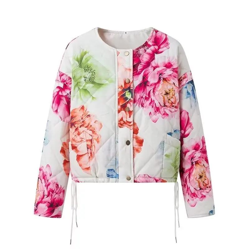 Chaquetas acolchadas florales Vintage para mujer, Chaqueta con botones y lazo para mujer, trajes dulces para Festival, ropa elegante 2024