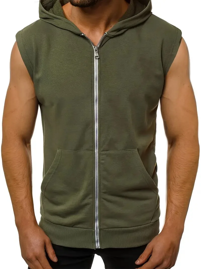 1 Piece Men\'s Casual Zip Up Hooded Tank Top, Chic Sports Sleeveless T-shirt