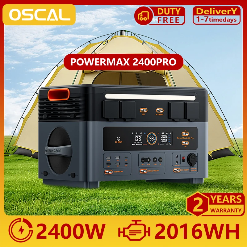 Station d'alimentation portable Oscal PowerMax2400pro, charge rapide en 1,2h, double haut-parleur, contrôle et surveillance intelligents via application, générateur 2016Wh 2400W