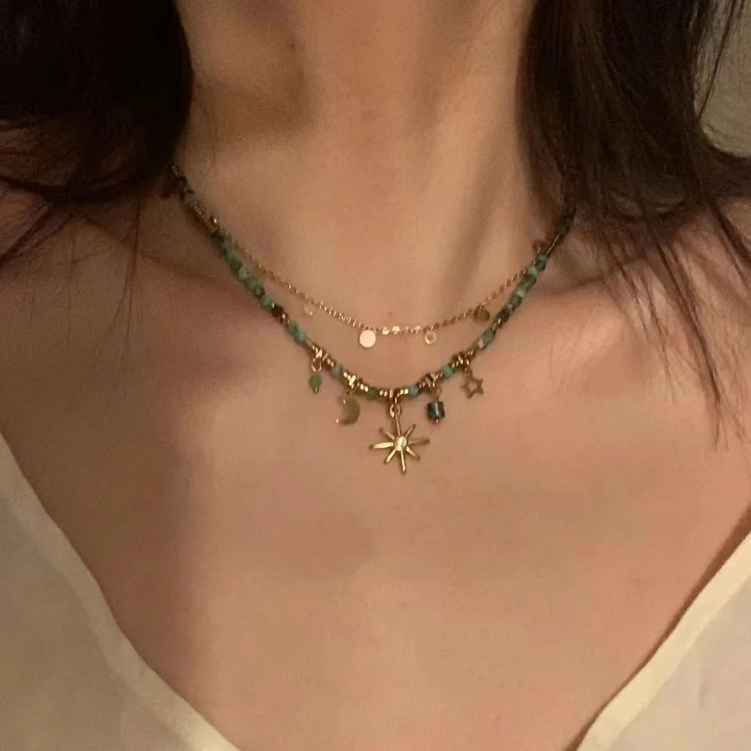 

Vintage Bohemian Style Stone Beads Necklace for Women Charm Mang Star Pendant Stacked Clavicle Chain Fashion Jewelry Gifts
