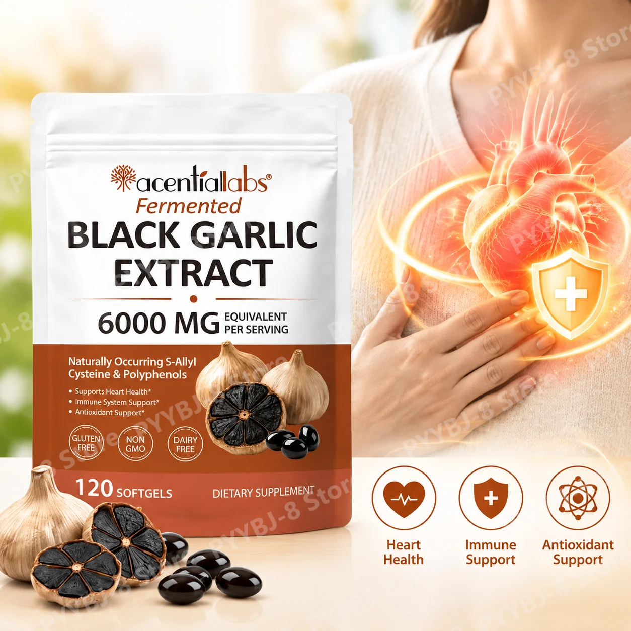 Fermented Black Garlic Extract Softgels, Support Heart & Immune Health, Antioxidant Support, 6000mg Equivalent,120 Softgels