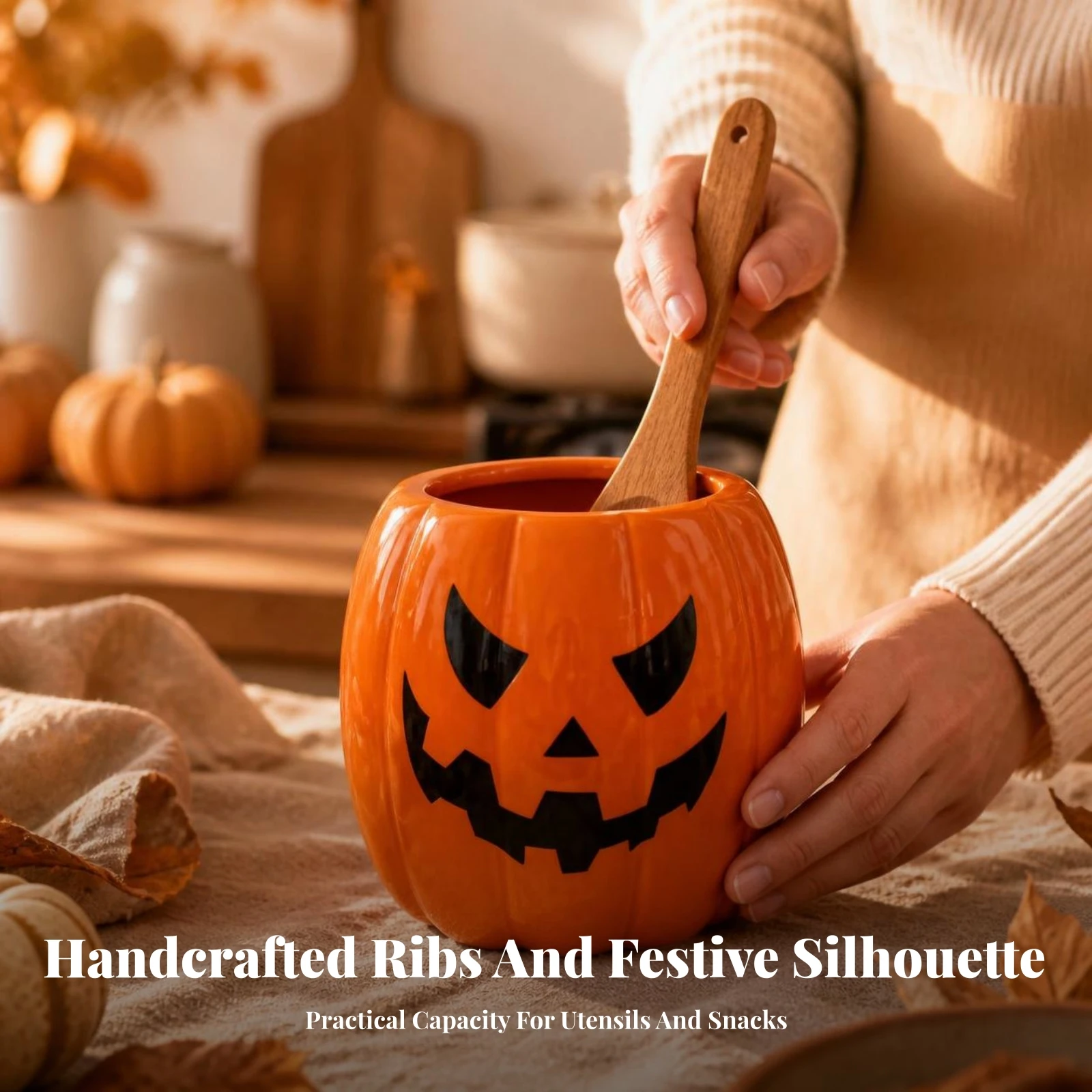Pumpkin Utensil Holder Fall Jack-O'-Lantern Storage Jar Spoon Holder Microwave-Safe Kitchen Jar 3D for Hosts, Dining Tables