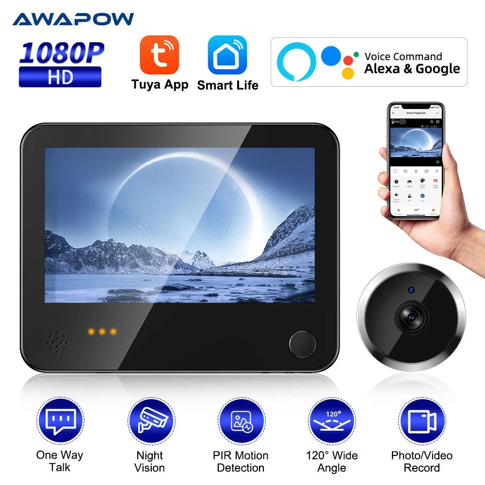 Awapow Tuya WiFi Peephole Smart Life 1080P Door Camera WiFi Door Bell Eye Night Vision Digital Doorbell Viewer Home Security