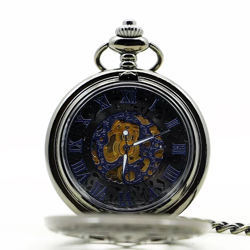 Zwart Klassiek Raam Patroon Holle Vintage Mechanische Zakhorloge Voor Heren Dames Steampunk Hanger Ketting Hand Wind Fob Horloge