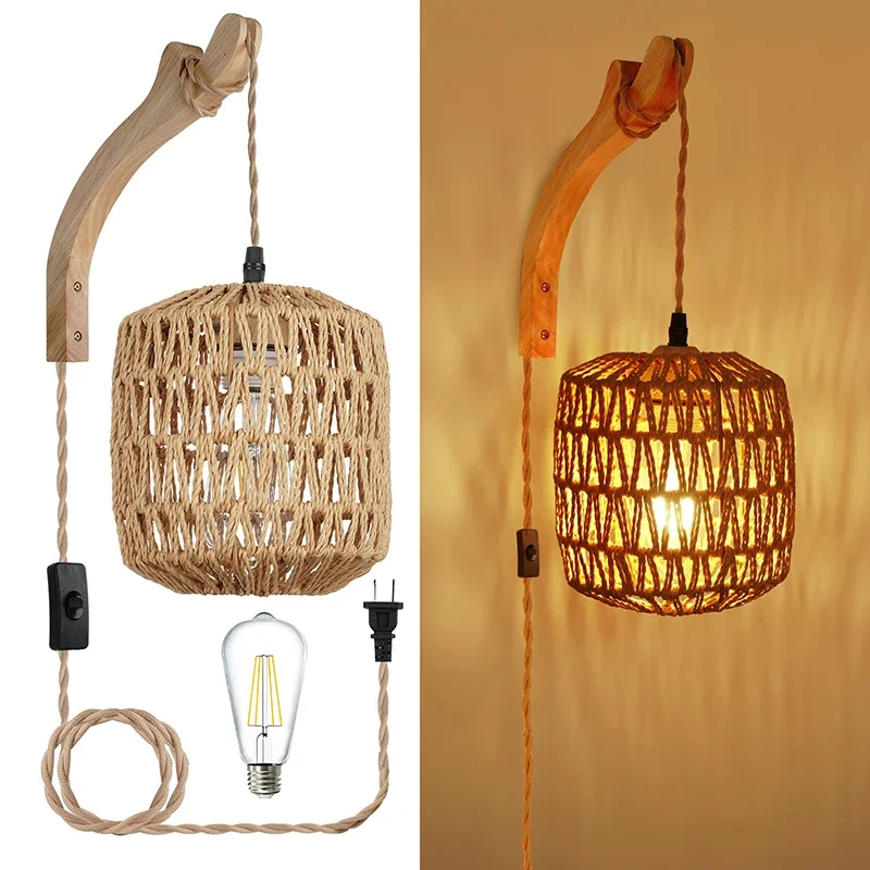 Led Rattan Wall Lamp Bedroom Living Room Woven Light Bedside Lamps E26 Retro Hemp Rope Lights Interior Decoration Fixtures