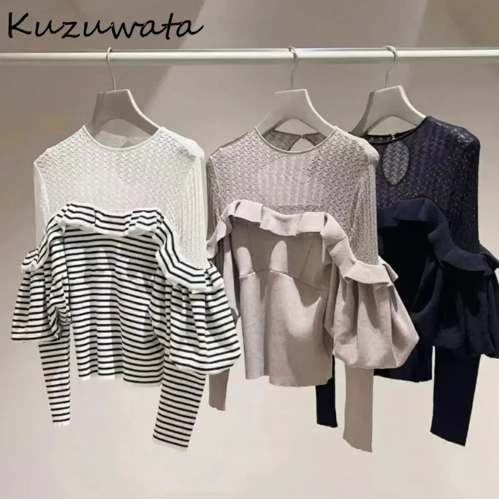 Kuzuwata Vintage O Neck Lantern Sleeve Ruffles Jumper Patchwork Hollow Out Knit Pullover Japan Stripe Minority Ladies Knitted