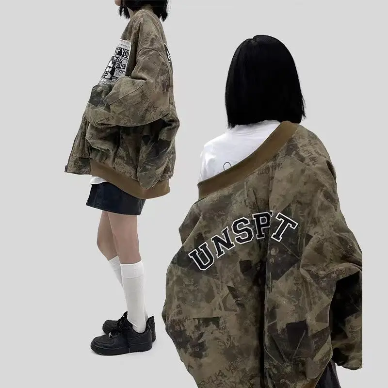 Hip Hop Retro Y2K Jacke lose Baseball Jacken Männer Frauen Harajuku Punk übergroße Muster Buchstaben Langarm Reiß verschluss Kleidung