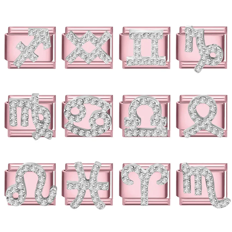 Fashion Zircon 12 Zodiac Signs Pink Italian Charm Links Fit 9mm Bracelet Stainless Steel Women DIY Making Jewelry Gift Wholesale