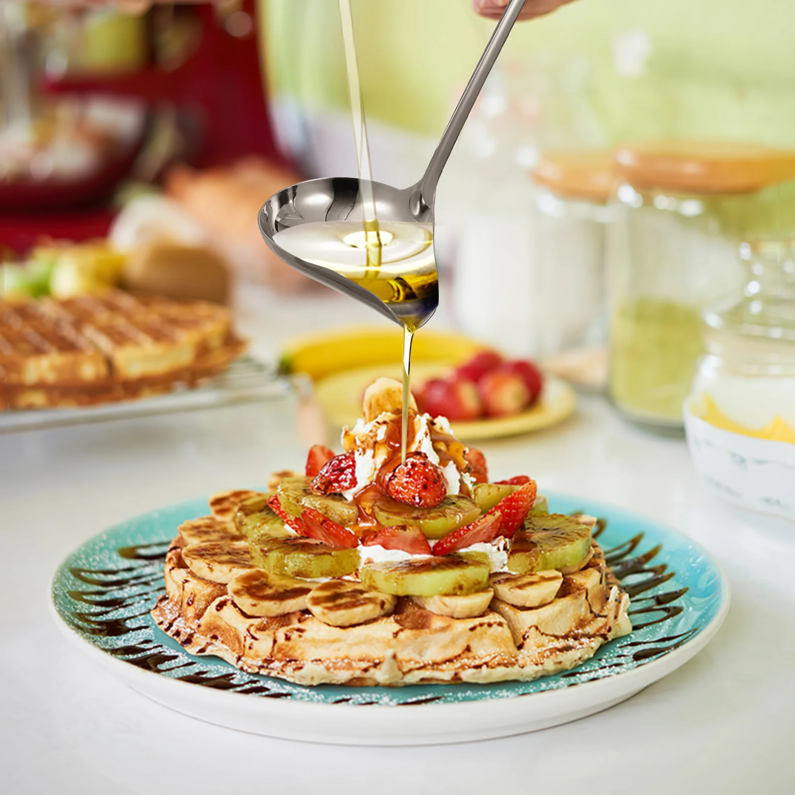 

2Pcs Stainless Steel Sauce Spoon with Pouring Spout Hanging Hoop Long Handle Ladle for Soup Gravy Serving Utensils