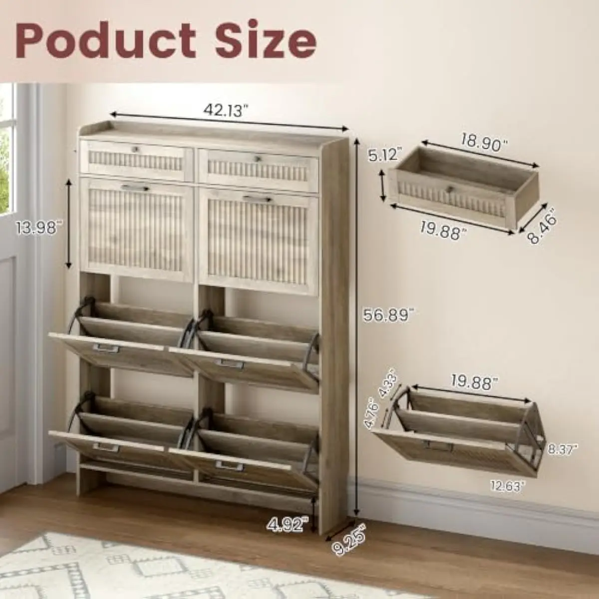 Slim Fluted Entryway Cabinet with 6 Flip Drawers and 2 Top Compartments for Shoes Keys and Essentials – Modern Vertical Storage