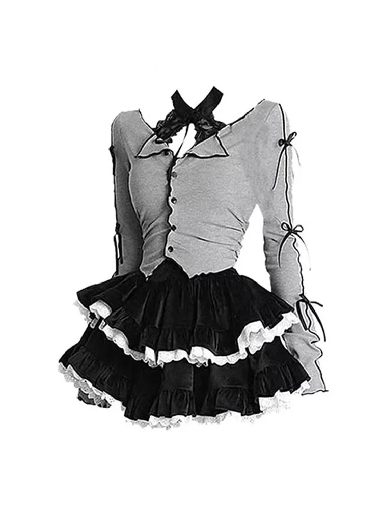 

Sweet And Spicy Lace Neck Long Sleeve T-Shirt Women Early Autumn Complete Puffy Cake Short Skirt Two-Piece Set Fashionable En...