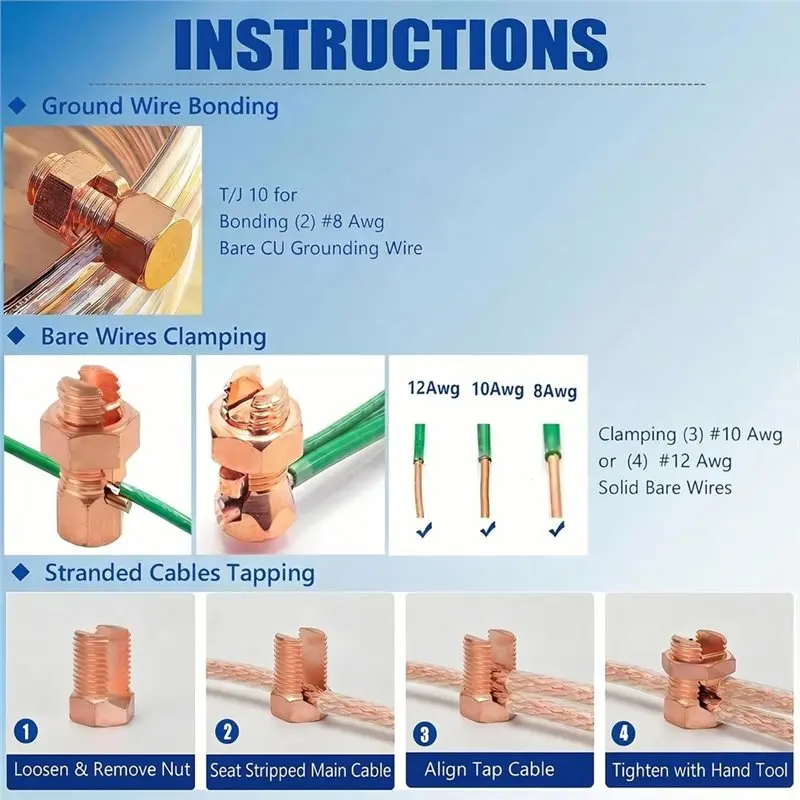 [NEW!A08R】 Electrical Wire Connectors, For Grounding- Split Bolt Connectors,16-Pack Copper For Grounding Clamps For 8-12AWG Wire