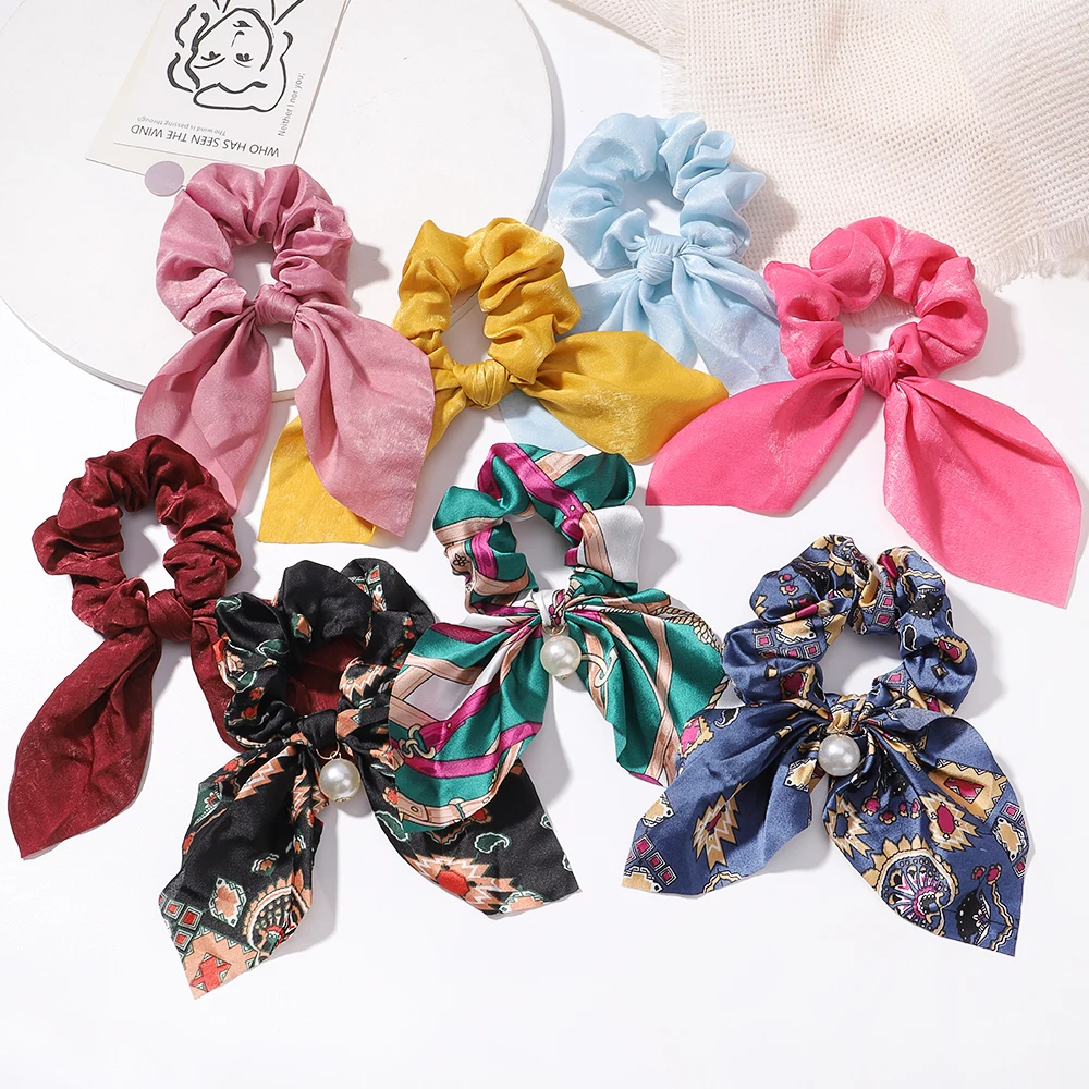 Silk Hair Scrunchies Set para Mulheres e Meninas, Chiffon Bowknot, Pearl Ponytail, Headband, Corda, Acessórios para Cabelo, 4Pcs por Lote