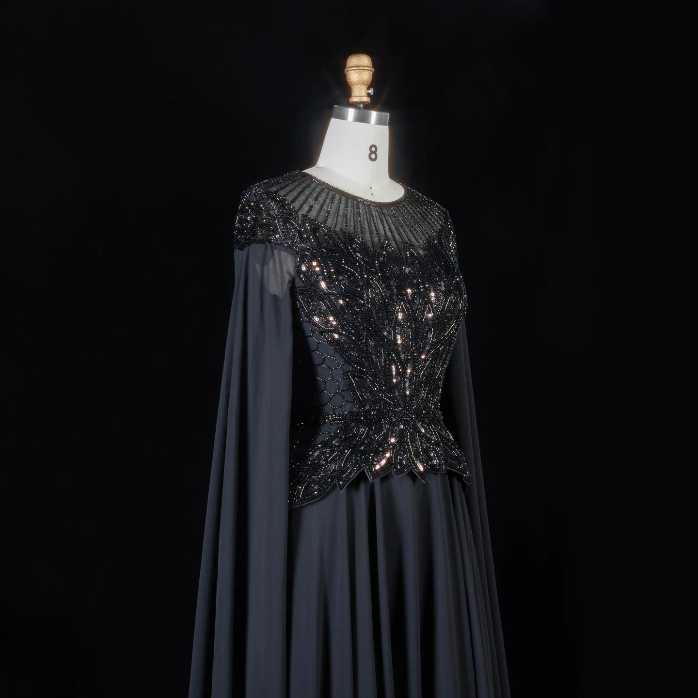 Sharon Said Abendkleider Glamouröses Schwarzes Chiffon-Paillettenkleid mit Perlen und Cape-Ärmeln Luxuriöses Dubai-Formelles Partykleid SS104 Maßanfertigung – Detail 16