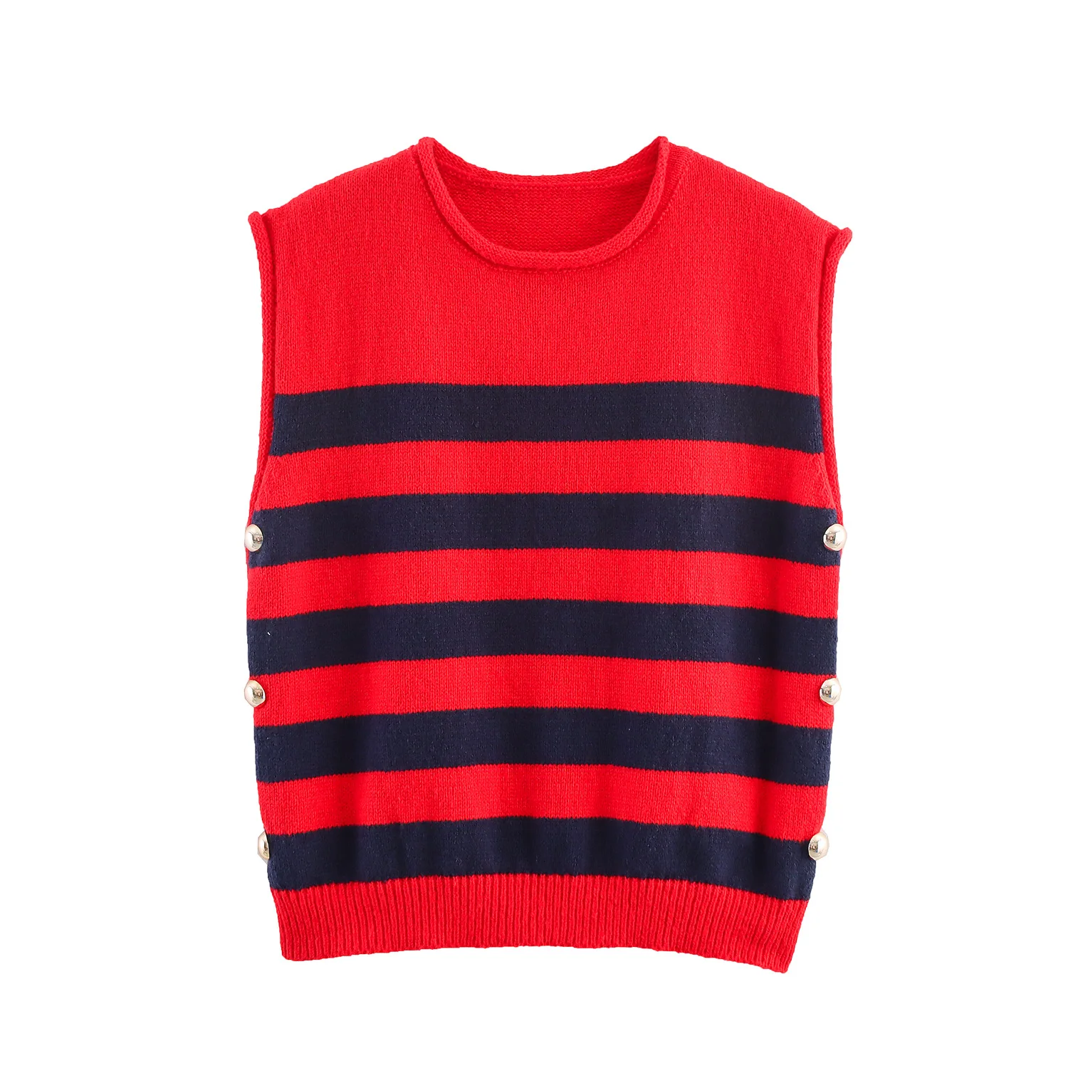 

Летний новый стильный вязаный жилет с украшением на пуговицах, дизайн с боковыми пуговицами, женская мода в европейском и американском стиле