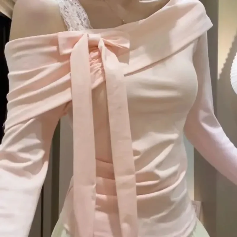 Korean style off-shoulder top with bow tie, long-sleeved T-shirt, slim fit, revealing, perfect for layering or as a sexy base la