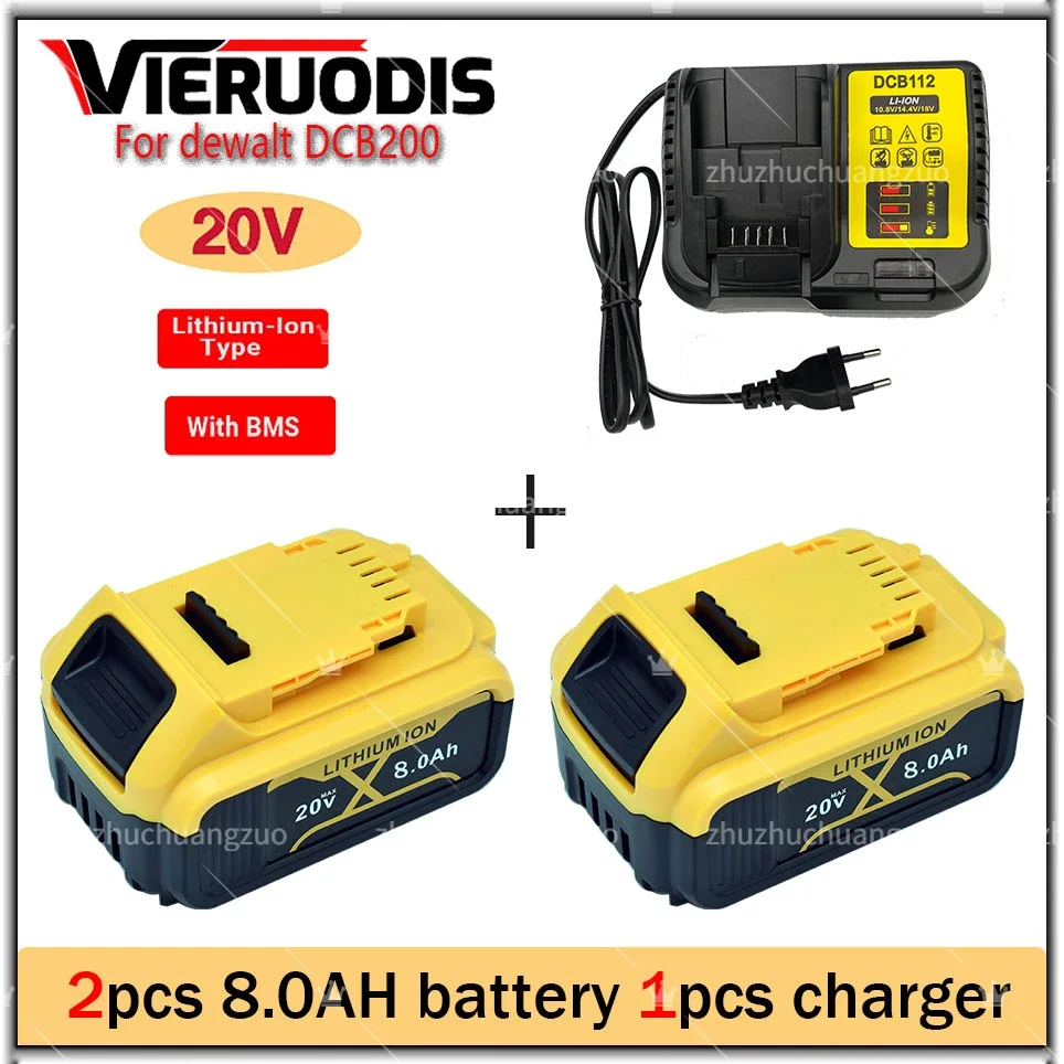 

20V 6.0Ah 8.0Ah Lithium Battery for DeWalt power Tools DCB184 DCB200 rechargeable electric tool set 20v 8000mah Battery+Charger