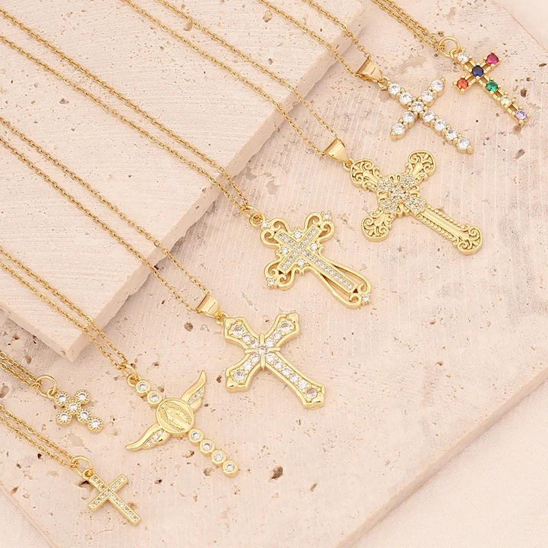 Delicate Luxurious Gold Color Cross Zircon Pendant Necklace For Women 2022 New Fashion Jewelry Gift 18K Gold Plated Copper Alloy