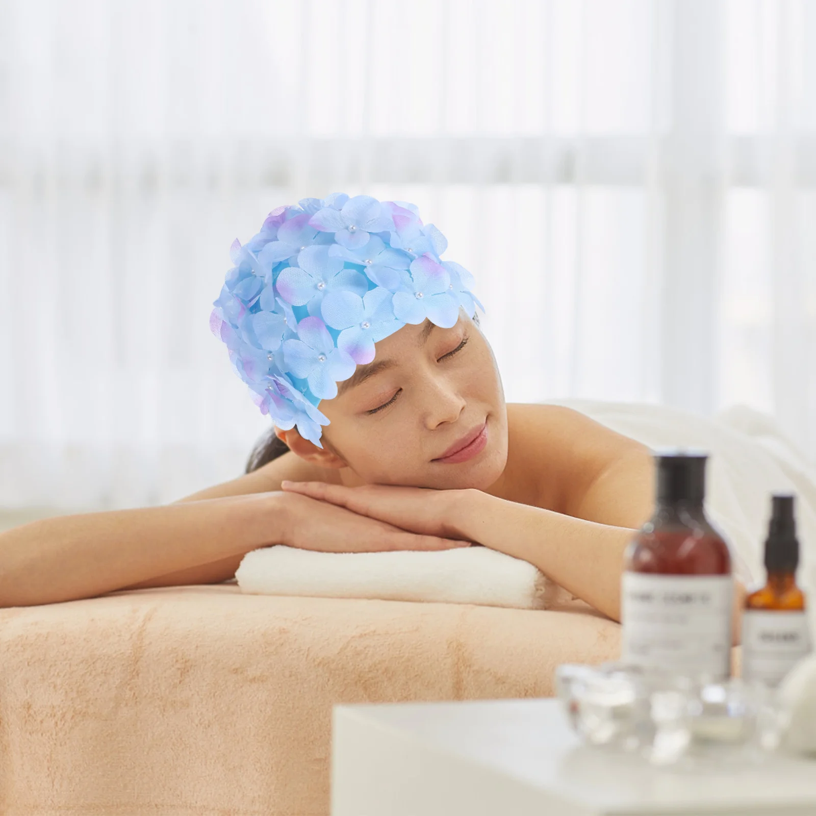 

Floral Swim Cap with Realistic 3D Petal Design Soft Reusable Bathing Cap for Women Summer Swimming Outdoor Pool Beach Activity