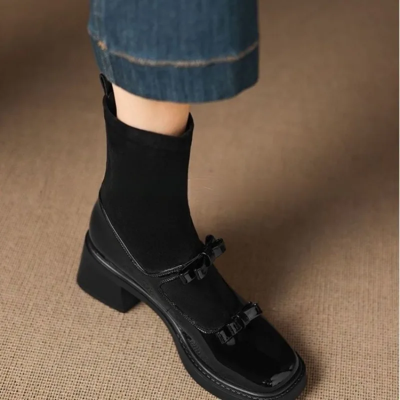 Women Square Toe Mary Jane Sock Ankle Booties Double Bow Patent Leather Splicing Chunky Block Heel Stretch Short Boots