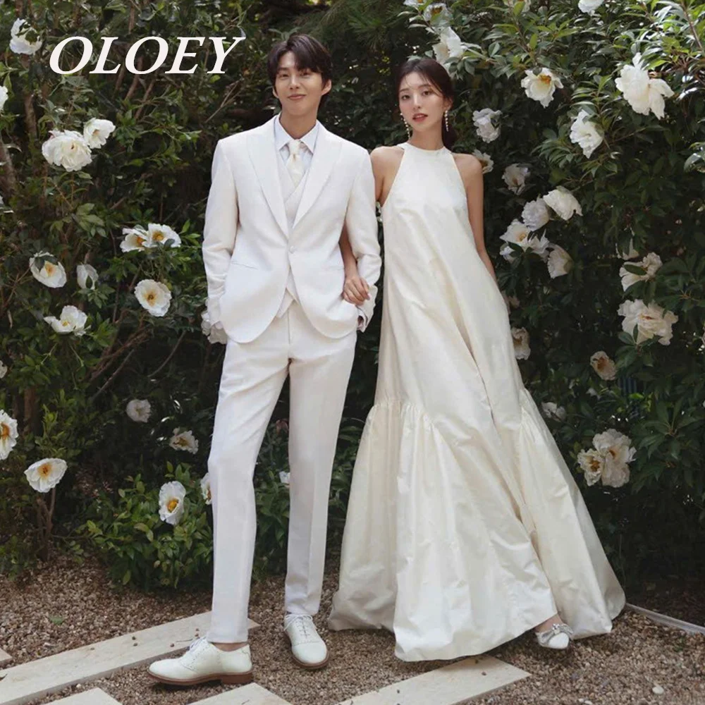

OLOEY Simple O Neck A Line Wedding Dresses Draped Taffeta Floor Length Bridal Gowns Korea Photoshoot Sleeveless Customized