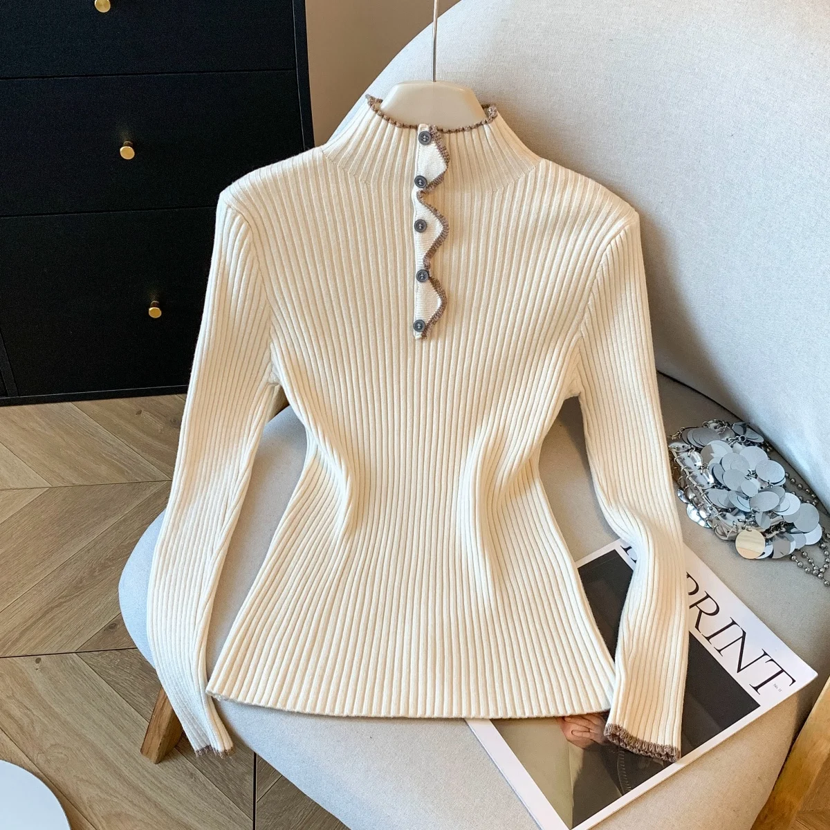 

Korean Sle Thiened Long Sve f High Collar Sweater Versatile Design Base Layer Knitted irt for Women Winter 2025