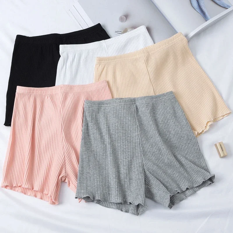 Plus Size Cotton Stretchy Underpants Ruffled three-point Safety Pants Women's outer wear Leggings Thread Ribbed Striped Shorts