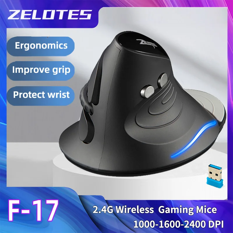 Zelotes F-17 Grip Mouse verticale 2.4G Mouse wireless Regolazione DPI a 3 velocità Mouse da gioco per computer portatile