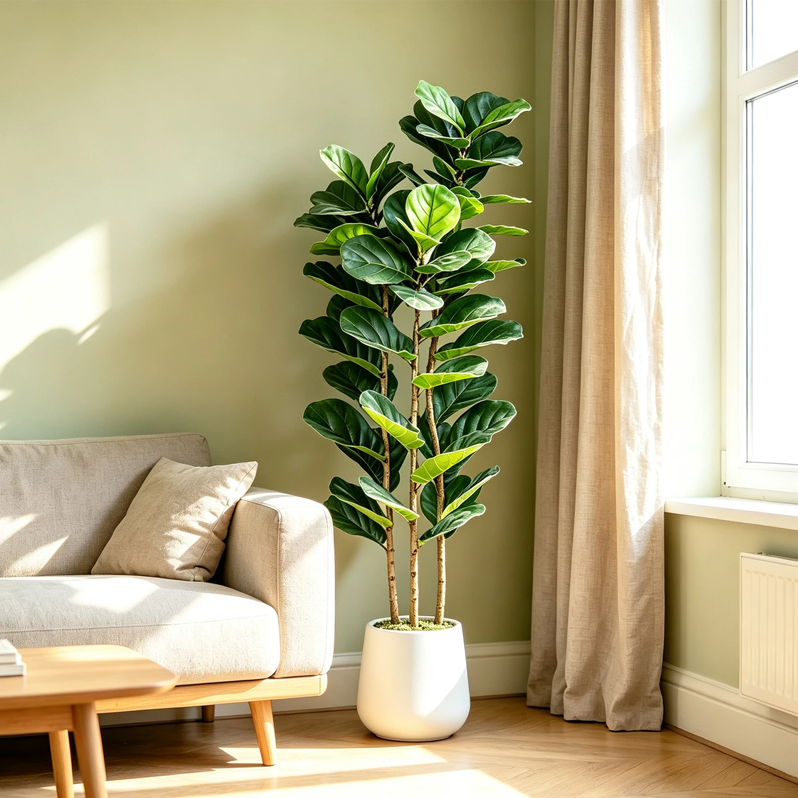 Albero di fico artificiale alto 150 cm, con vaso bianco, pianta di fico finta, tronco in legno naturale, ideale per decorare soggiorni, uffici e case.