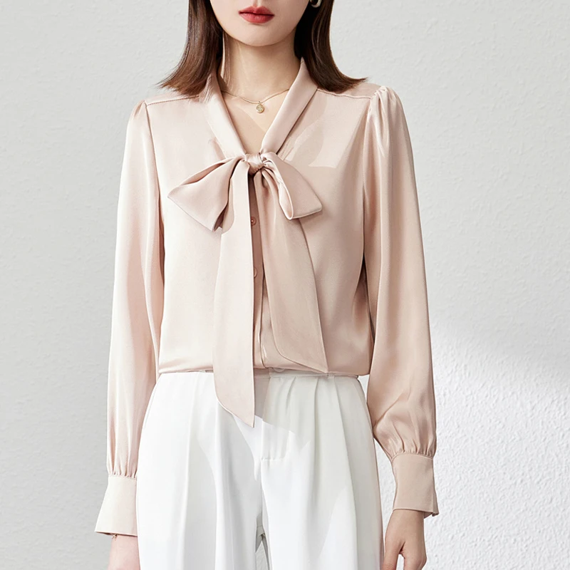 

Женская атласная блузка с бантом на шнуровке, рубашка с v-образным вырезом и рукавами-фонариками, модные женские блузки 2025 г., женская повседневная одежда