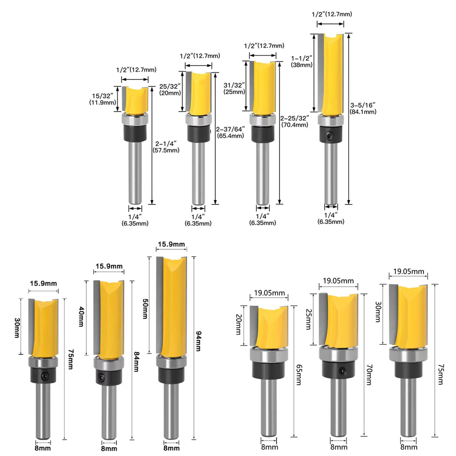 Lâmina longa Flush Guarnição Router Bit com Rolamento, Carboneto de Tungstênio Fresa, Madeira Padrão Template, 1/4 \'\'\', 8 milímetros