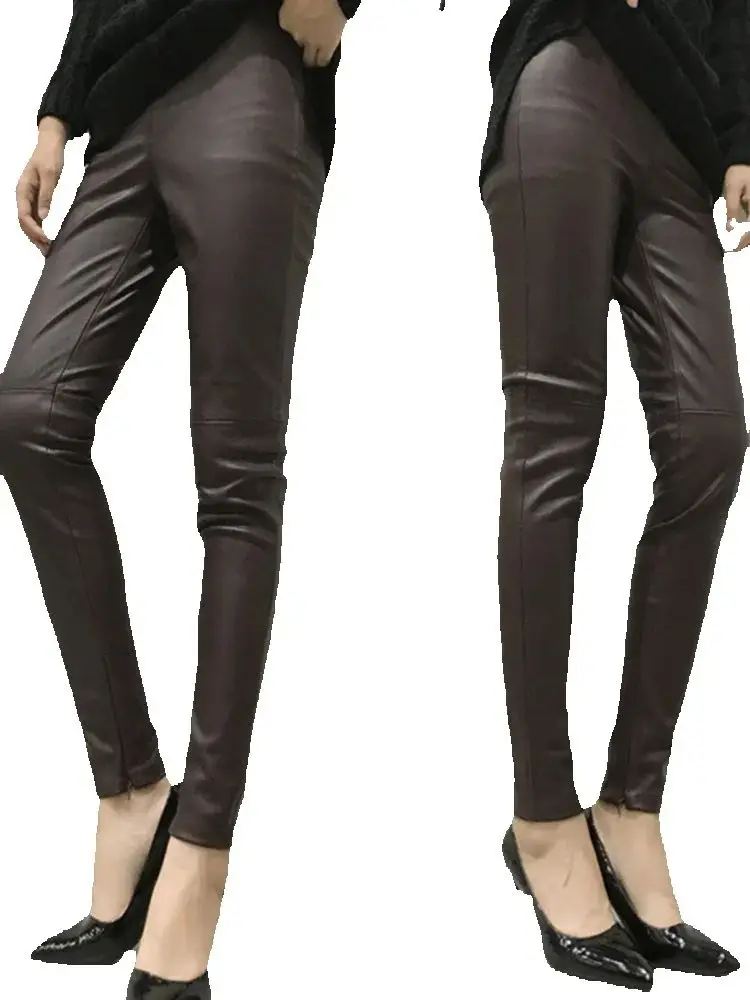 

Womens Luxury High Waist Soft Faux Sheepskin Leather Trousers Lady Vintage Fleece Wine Red PU Zipper Skinny Stretch Pencil Pants