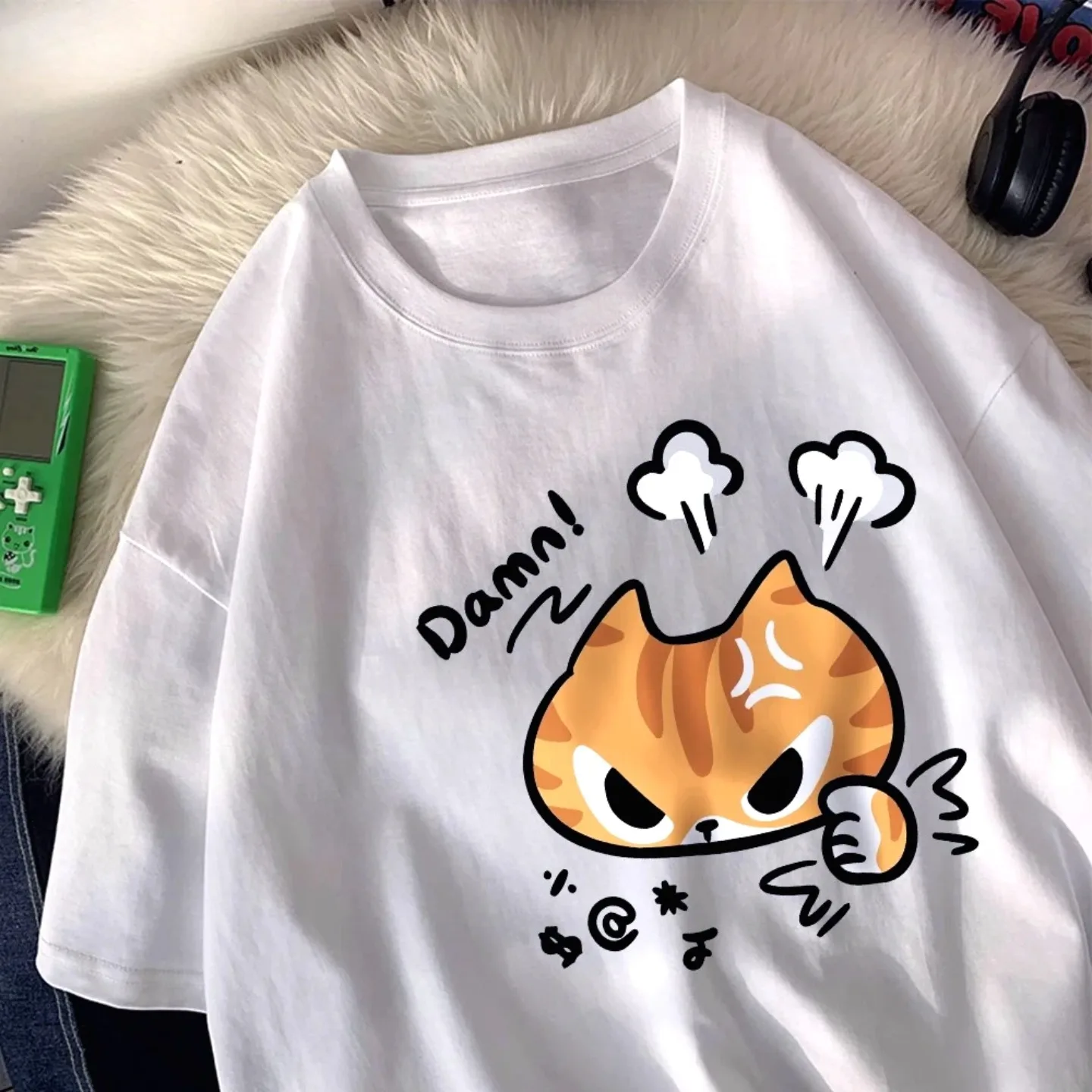 Fashion Summer The Angry Cat Printed Round-neck  and Womens Top Clothing New Woman Clothing Cartoon Ladies Graphic T-Shirt