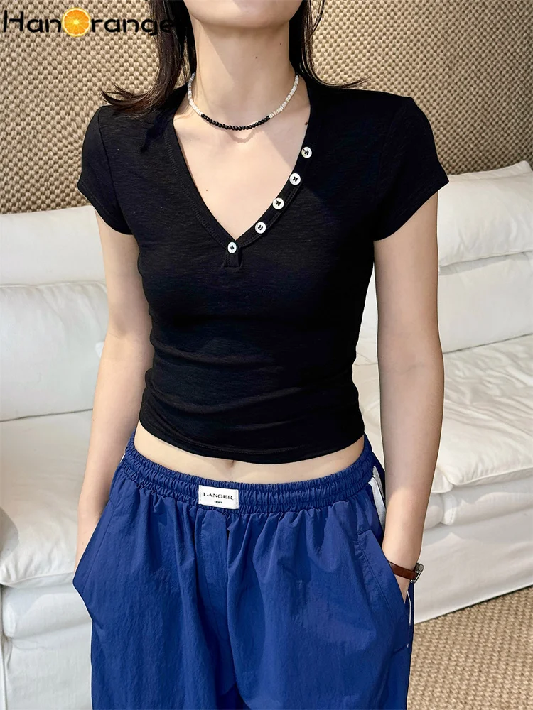 HanOrange 2026 Summer Fashion V-neck Half Open Button Short T-shirt Slim Fit Look Women Tees White/Black/Gray/Yellow