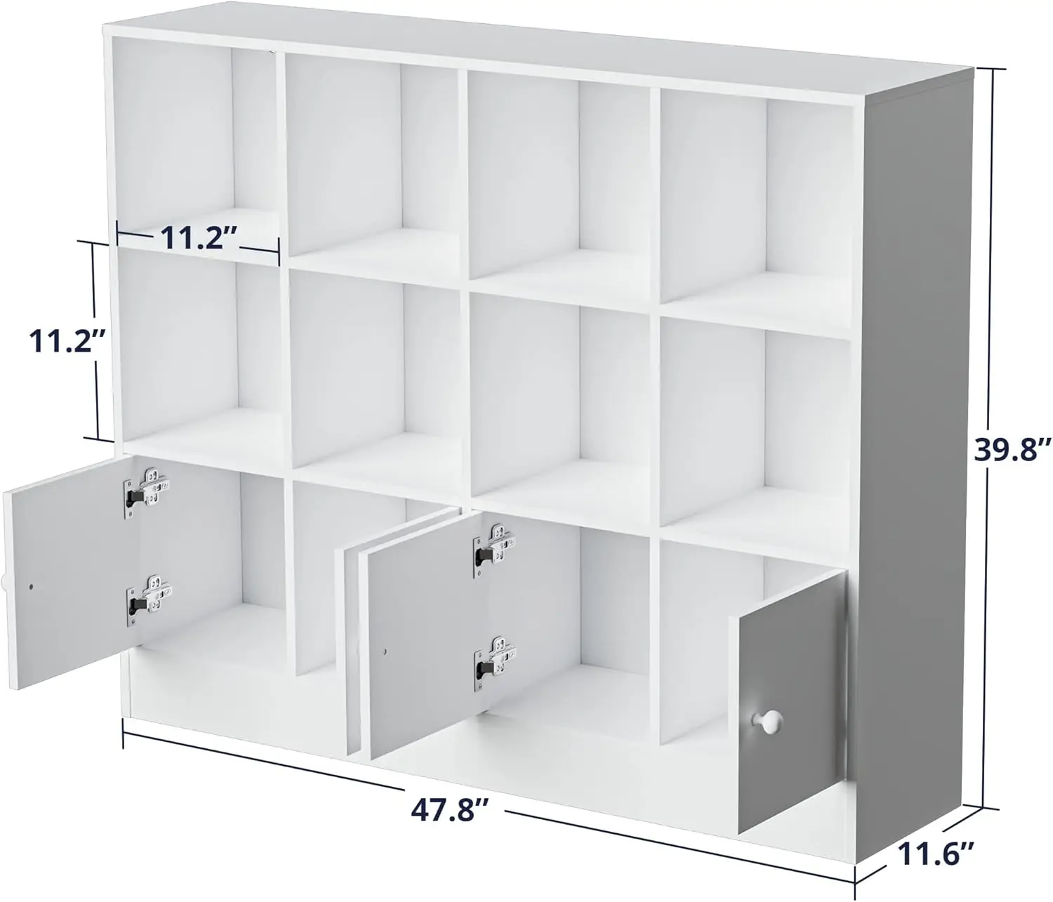 White Wood Bookcase, 12-Cube Storage Shelf with 4 Doors, 3-Tier Adjustable Shelves