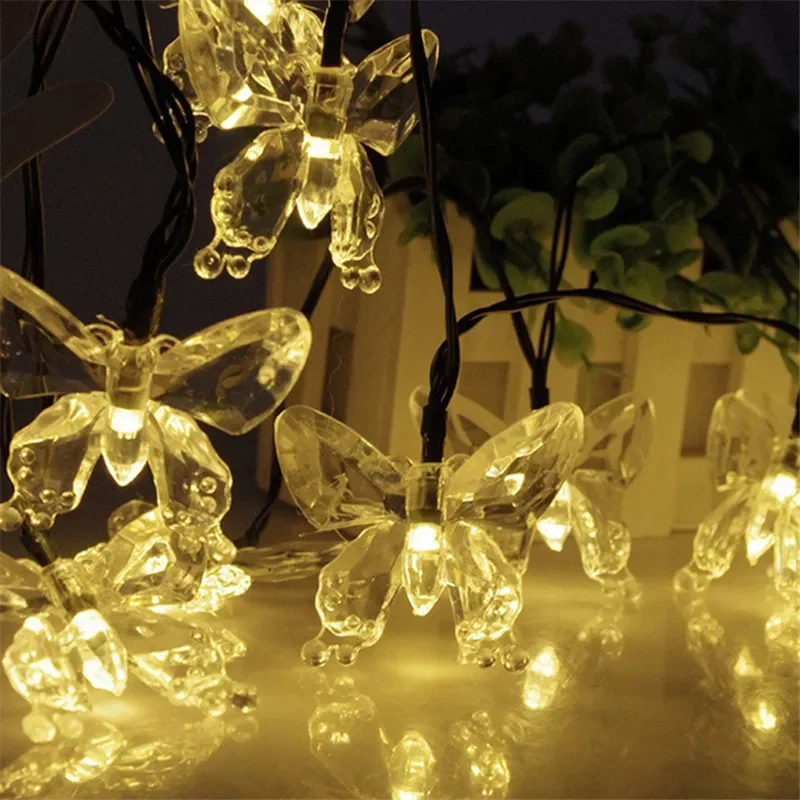 Kristall-Schmetterlings-Solar-Lichterkette für den Außenbereich, 20/30/50/100 LED-Licht, 8 Modi, IP65, wasserdicht, Terrassengirlande, Straßen-Weihnachtslampe