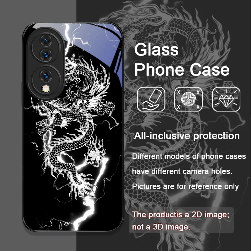 Creative Dragon Pattern Tempered Glass Phone Case for Huawei Honor 200 Lite 300 100 90 Pro 70 80 GT Magic 7 6 5 PRO X8 X9 Cover
