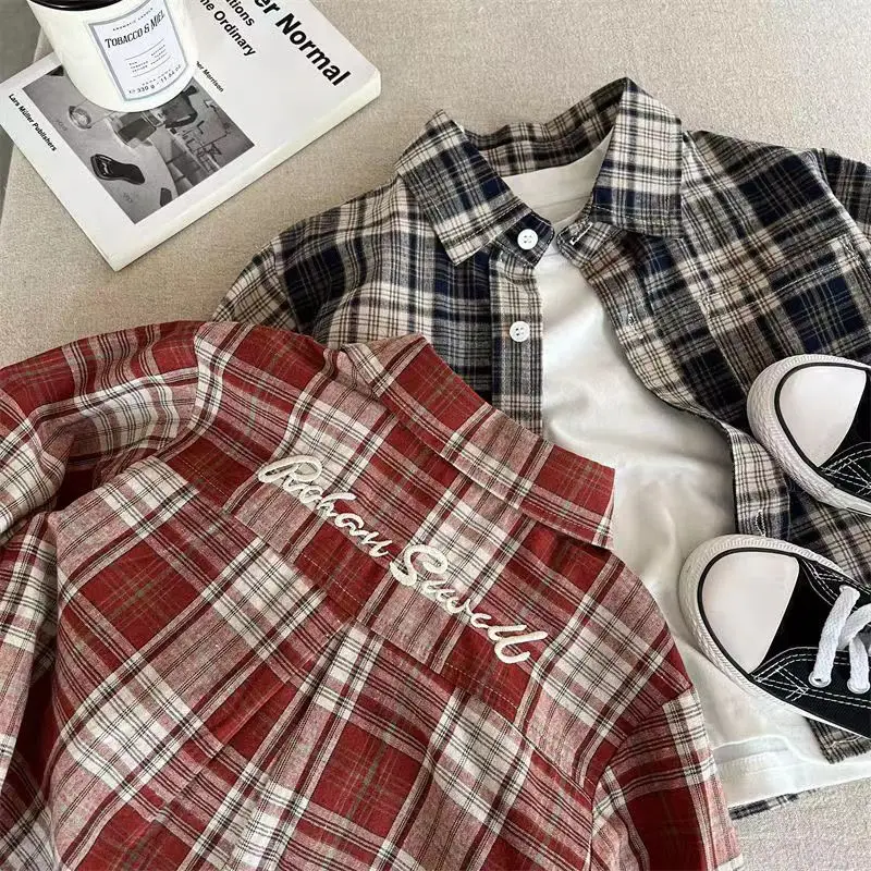 Kids Boys Girls Spring Fall Vintage Plaid Shirt Cotton Clothing Long Sleeve Lapel Single Breasted Cardigan Base T-shirt