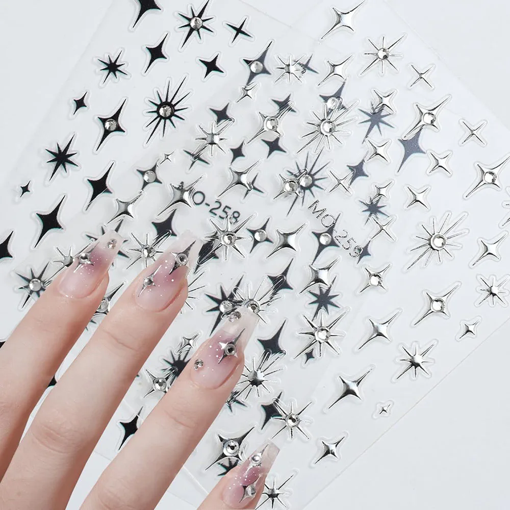 Diamond Star Nail Stickers 3D Glitter Luxury Balck Silver Star Self-adhesive 3D Sticker Decals with Crystals Nail Designs Slider