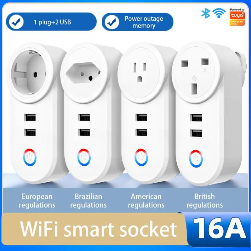 16A Tuya Wifi EU US UK Brazil Plug Smart Socket With 2 USB Charging Outlet Adapter Smart Home Via Alexa Google Home Smart Life