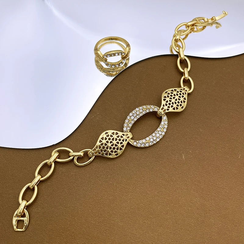 Elegant Jewelry Sets For Women Classic Design Dubai Gold Color Jewelry Round Necklaces Earrings Bracelet And Ring