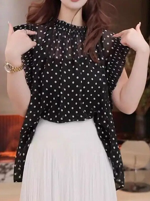 Adelgazante Polka Dot Wood ain Svel irt Mujer Verano Faionable Diseño versátil Top Coreano Sle Loose Fit